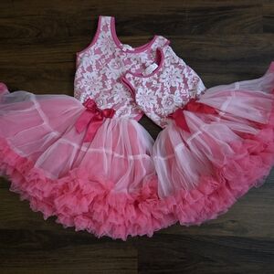 Popatu Pink and White Lace Tutu Sister Dresses